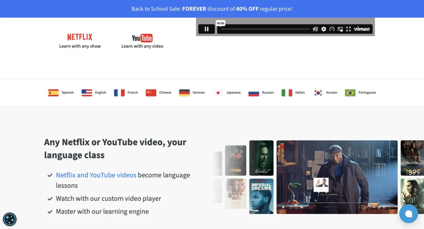 The FluentU site, showing its language picker and its claim that any Netflix or YouTube video becomes a language lesson.