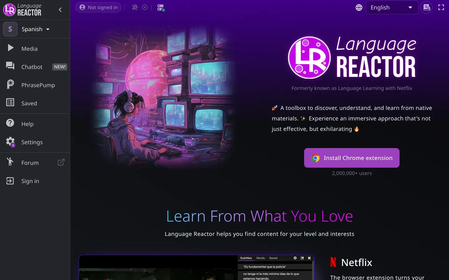 The Language Reactor home page, showing its Netflix and YouTube study tools.