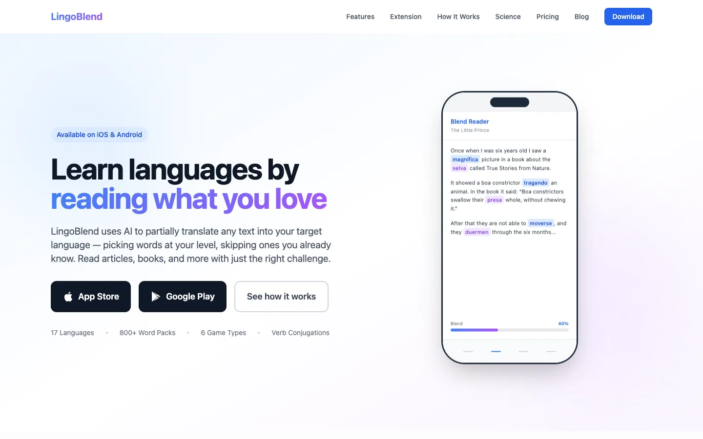 The LingoBlend home page, showing a reader that part-translates a text into the language being learned.