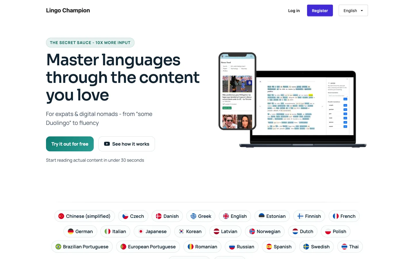 The Lingo Champion home page, offering language learning through a news feed of real articles.