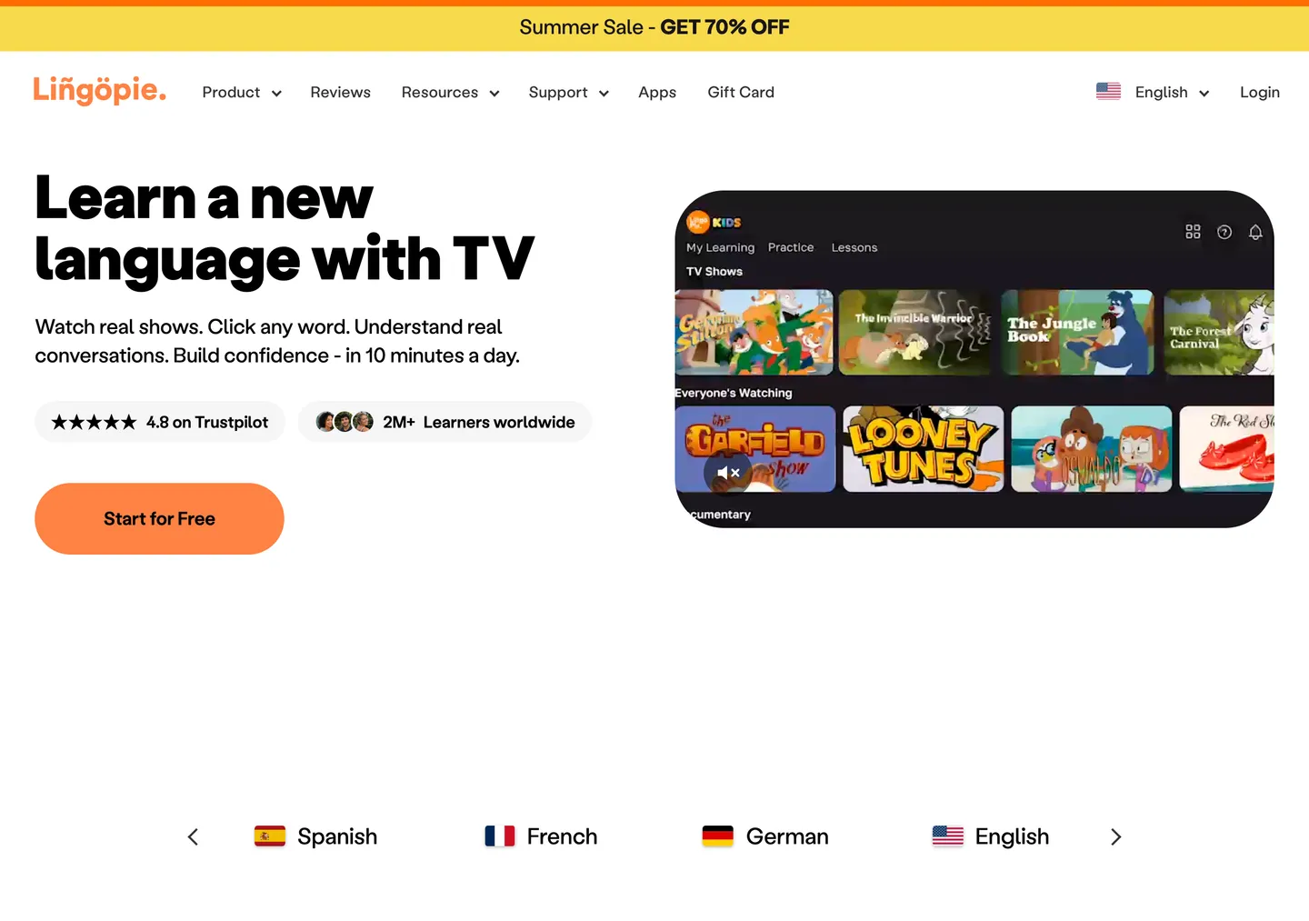 The Lingopie home page, showing its catalogue of television and film for language learners.