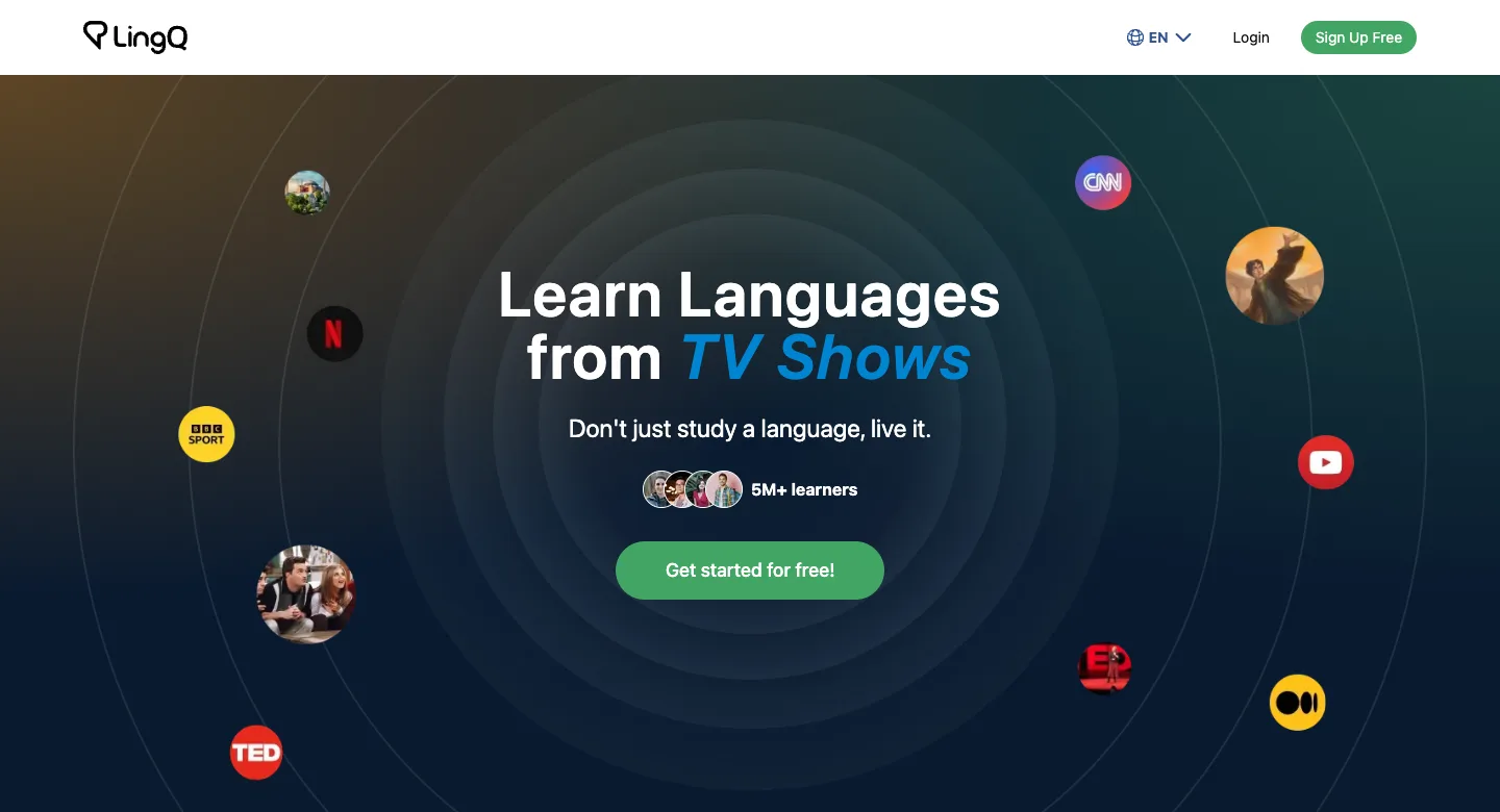 The LingQ home page, offering language learning from TV shows and other real content.