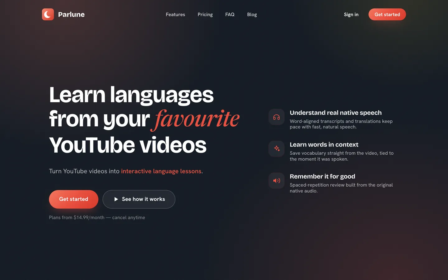 The Parlune home page, describing turning YouTube videos into interactive language lessons.
