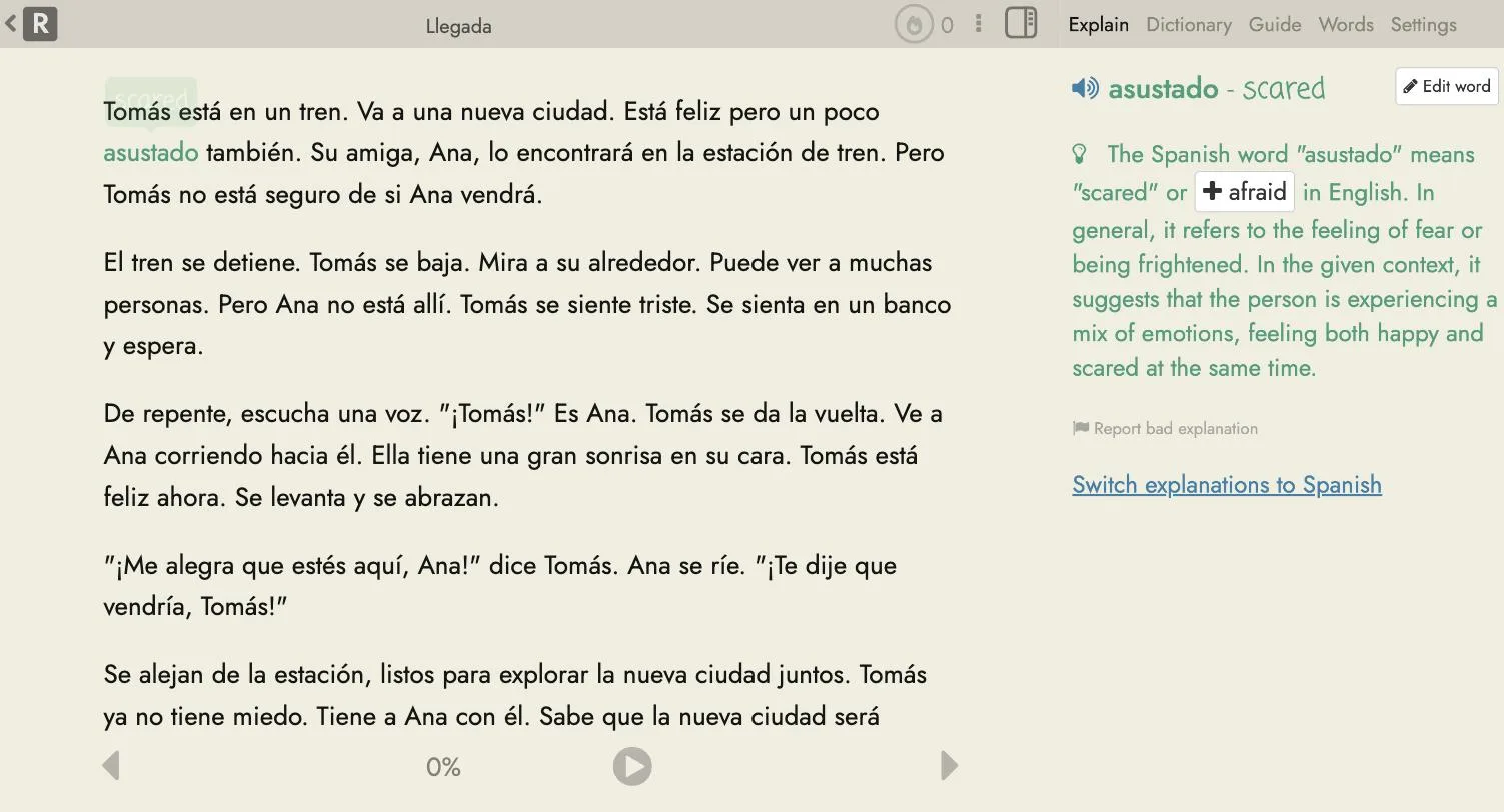 Readlang's reader, showing a Spanish story with the clicked word translated inline and explained in context.