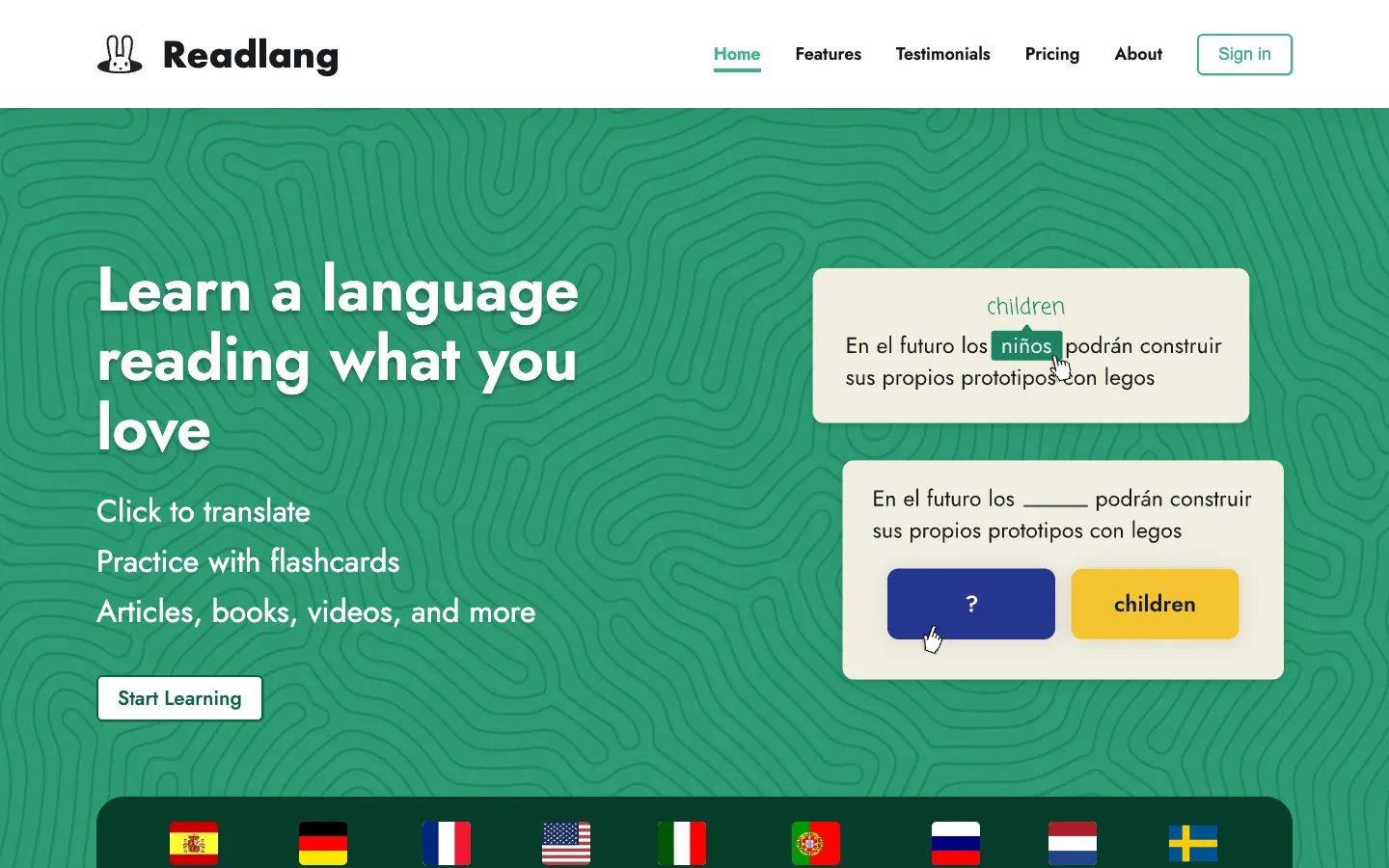 The Readlang home page, offering click-to-translate reading and flashcard practice across articles, books and videos.