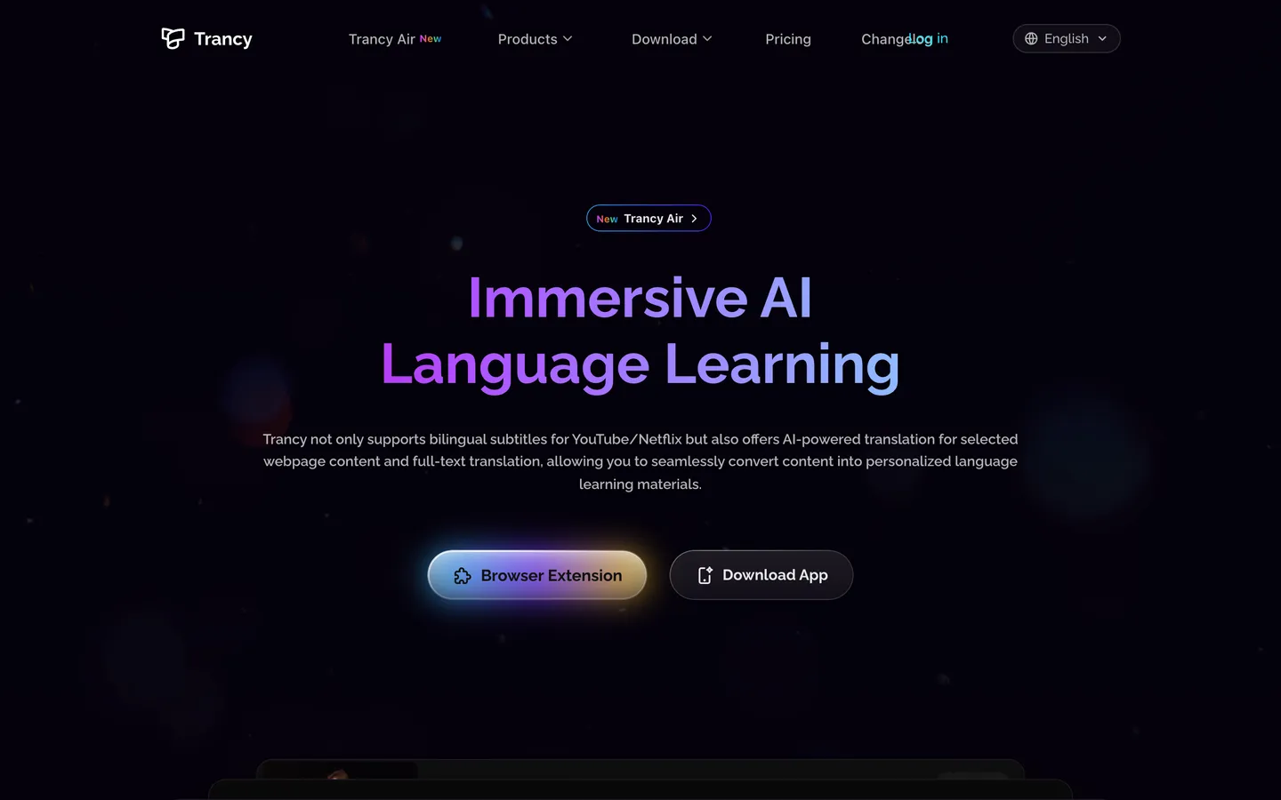 The Trancy home page, describing bilingual subtitles for YouTube and Netflix with AI translation.