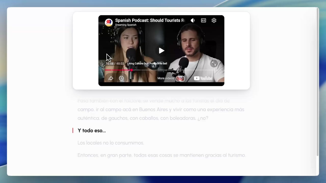 Parlune's immersive reader — a video playing above its interactive, audio-aligned transcript.