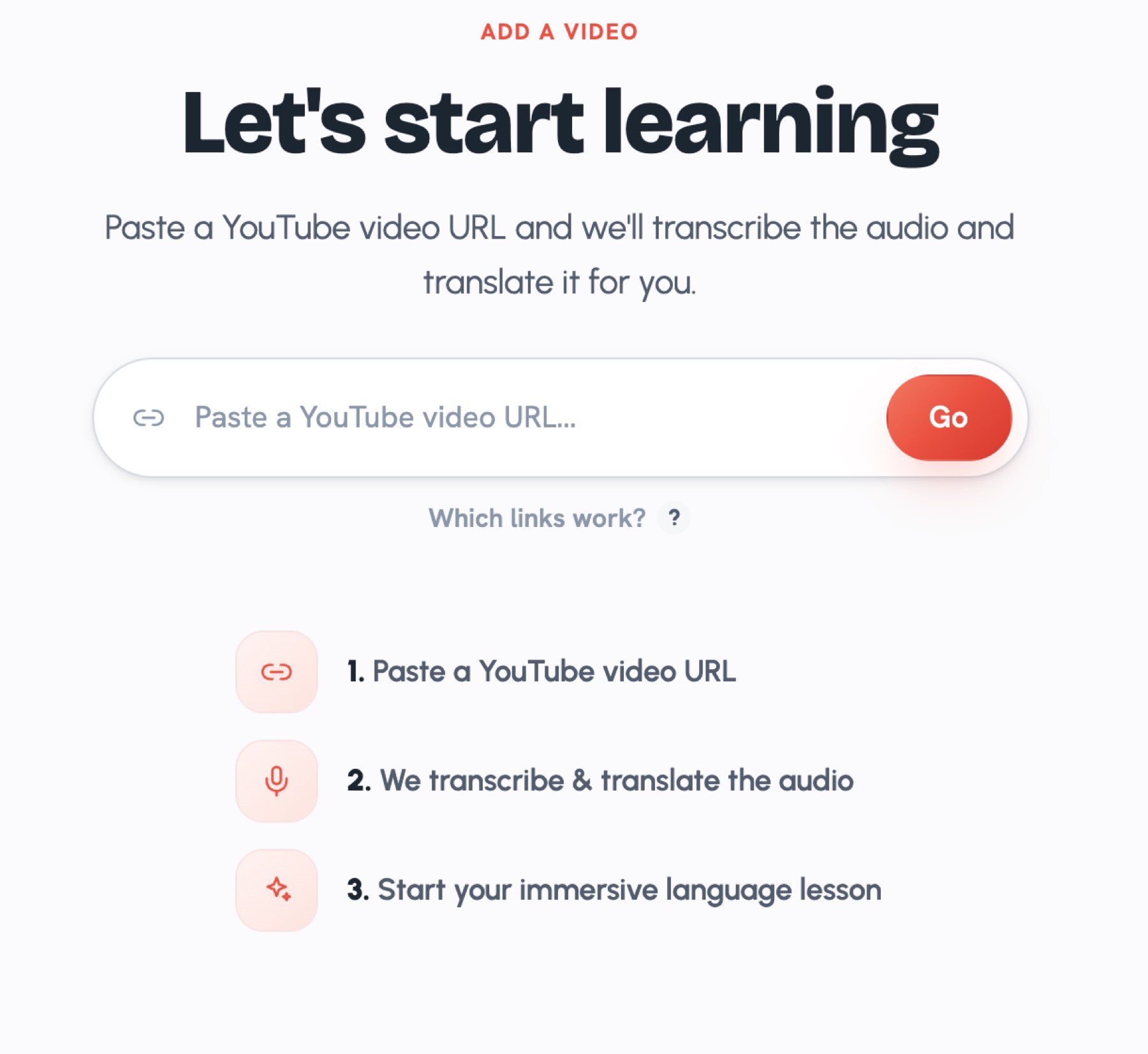 LingoReel's import screen — paste a YouTube URL and it transcribes and translates the audio for you.