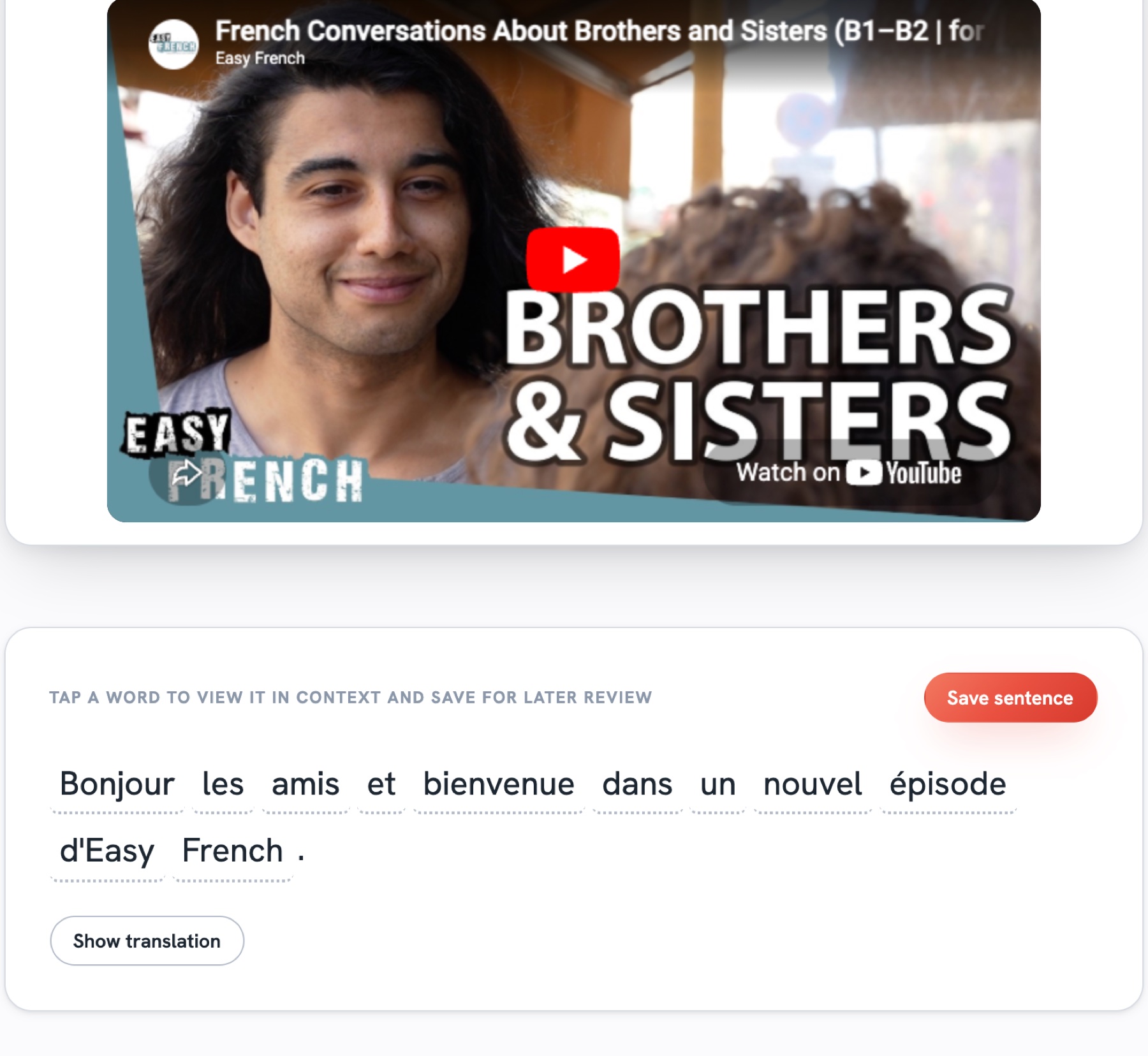 The immersive reader — an Easy French video playing above its interactive, audio-aligned transcript.